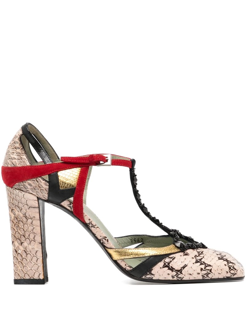 Multicolour Leather T-Strap Heels
