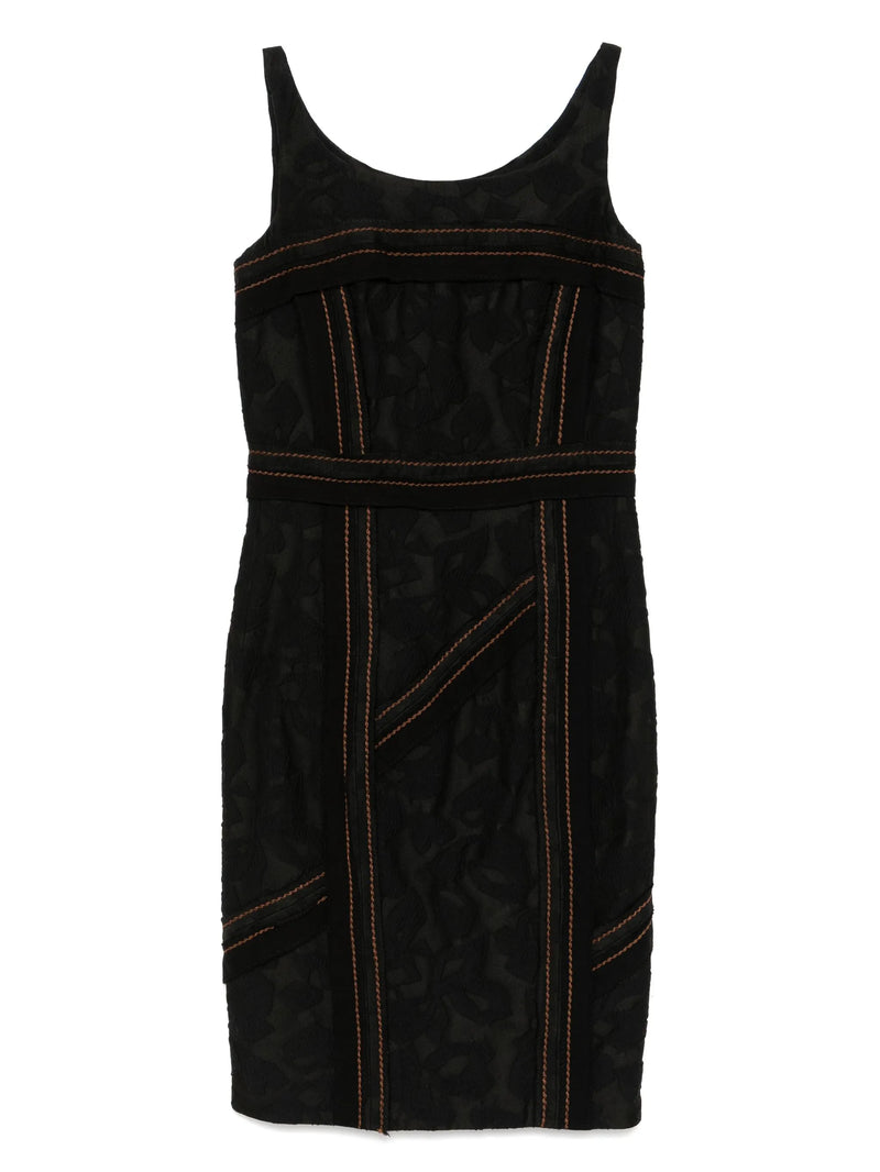Prada Black dress with orange stitching on a white background