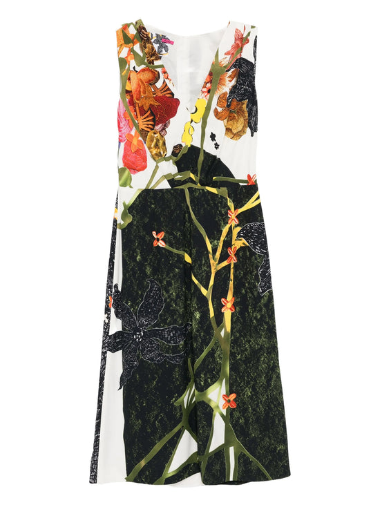 Prada floral V-neck dress with vibrant print, sleeveless design, and elegant fit, perfect for summer or special occasions.