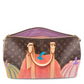 Designer handbag with colorful artistic design on a white background