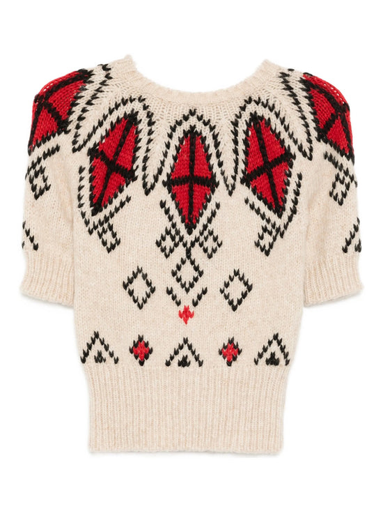 Cream Short-Sleeve Intarsia Knit Jumper
