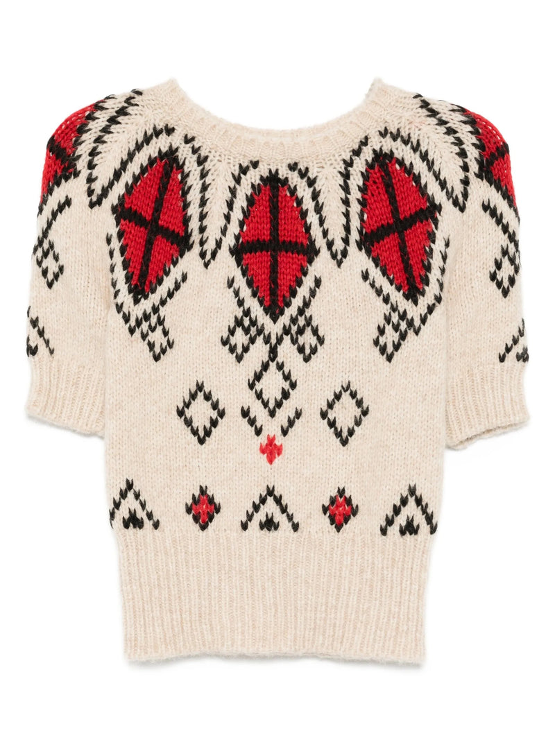 Cream Short-Sleeve Intarsia Knit Jumper