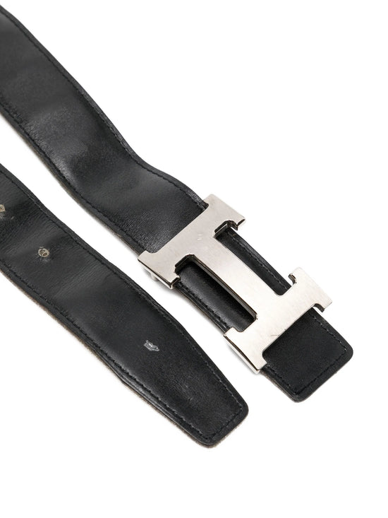 H Buckle Leather Belt Black PHW