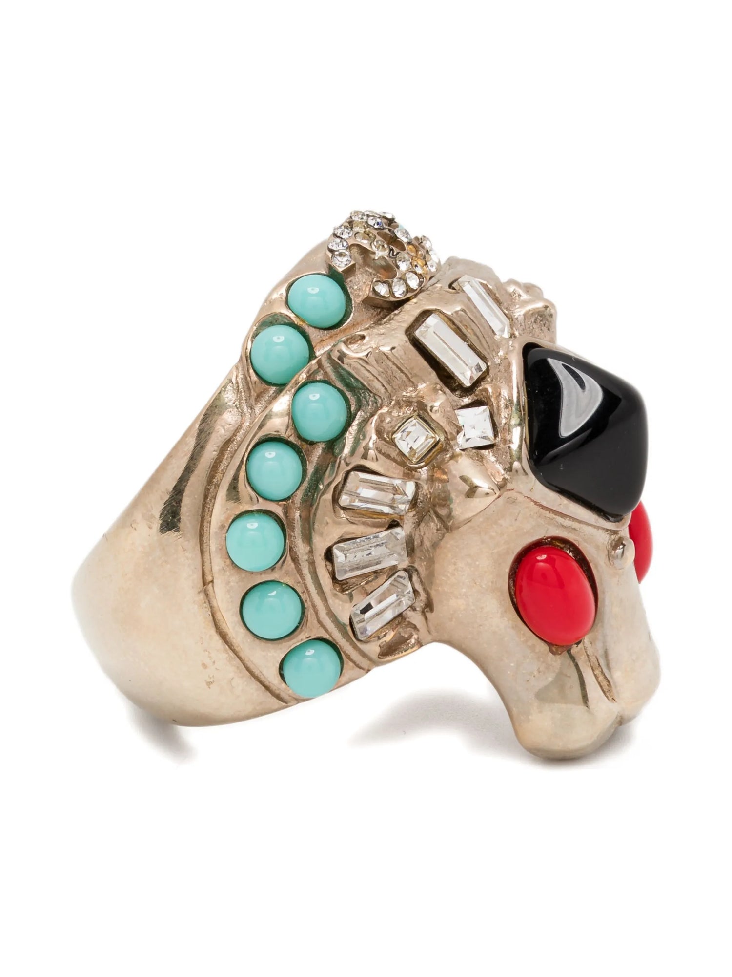 Chanel CC Lion Head Cocktail Ring with turquoise, black, and red stones on a white background