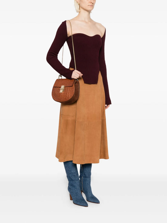 Brown Embossed Drew Shoulder Bag