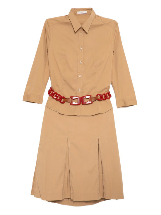 Prada camel shirt and skirt set with red resin chain belt, stylish coordinated outfit featuring a matching top and skirt.