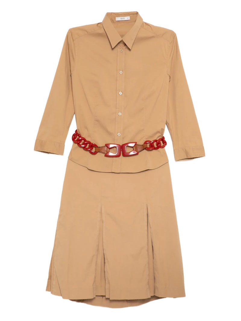 Camel Shirt & Skirt Set with Red Resin Chain Belt