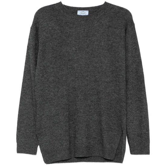 Prada grey crew neck cashmere sweater, soft knit top with ribbed collar and cuffs, casual and luxurious women&