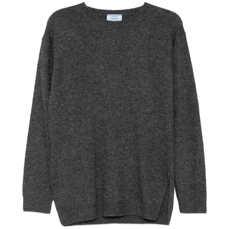 Prada grey crew neck cashmere sweater, soft knit top with ribbed collar and cuffs, casual and luxurious women&