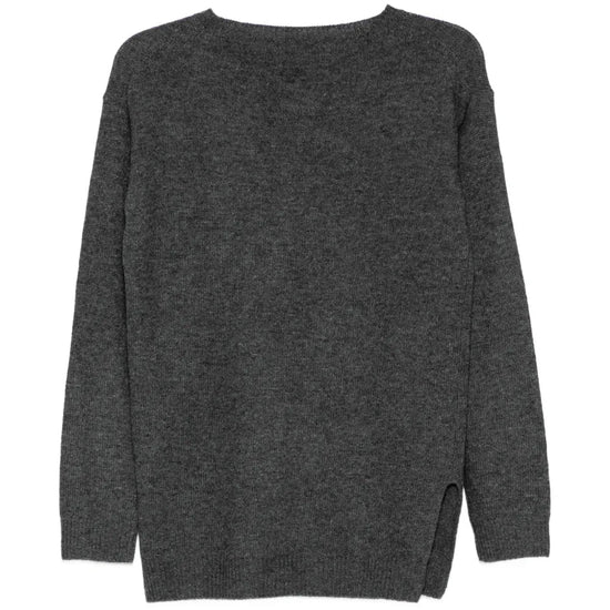 Prada grey crew neck cashmere sweater, cozy knit top with ribbed cuffs and neckline, stylish and luxurious for casual wear.