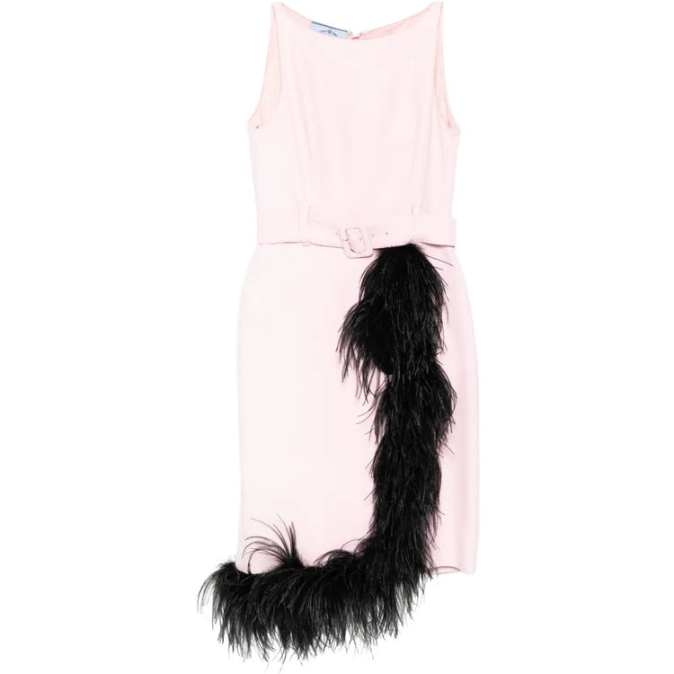 Pink Feather Trim Belted Midi Dress - Prada