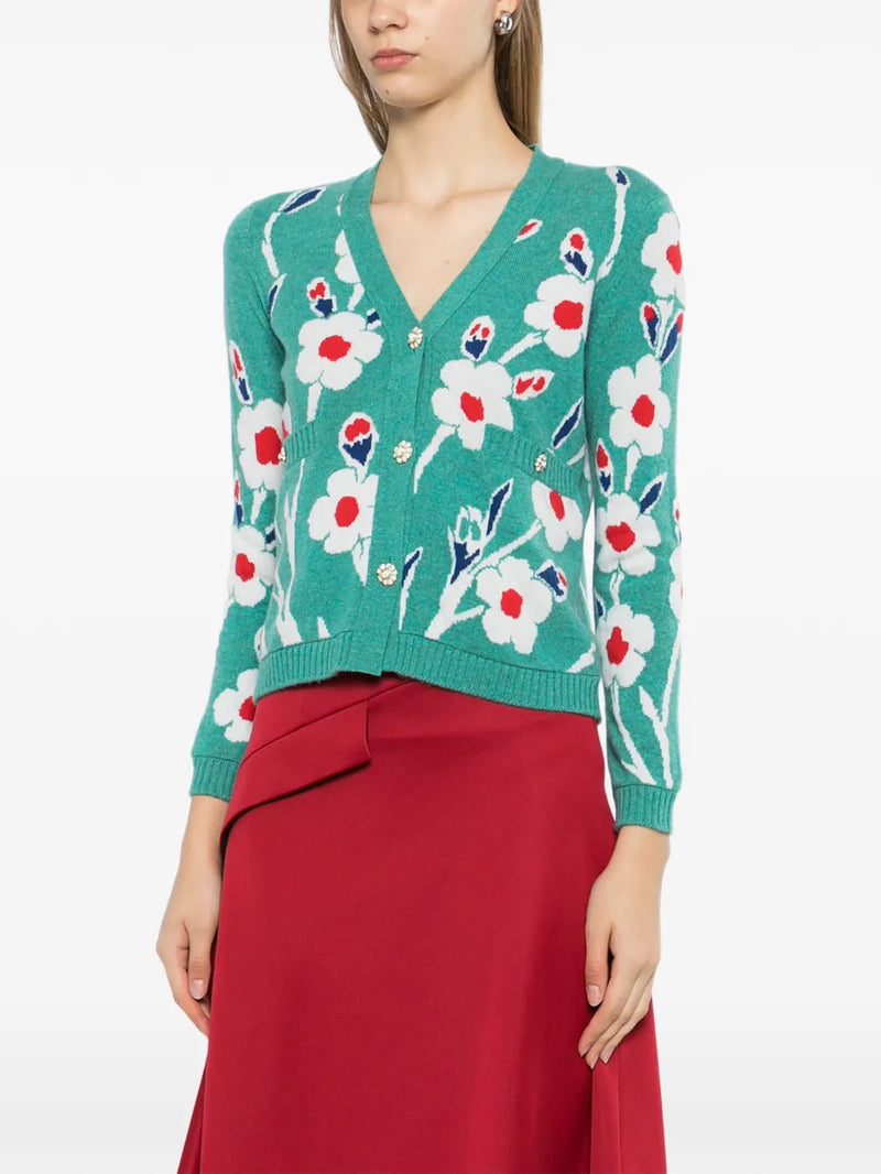 2015 Green Floral Cashmere Knit Cardigan - view 3