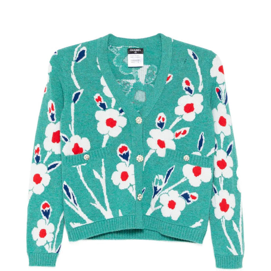 2015 Green Floral Cashmere Knit Cardigan - CHANEL