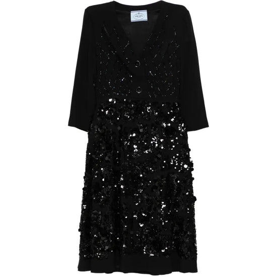 Prada black sequined V-neck midi dress with long sleeves, elegant evening wear with shimmering embellishments.