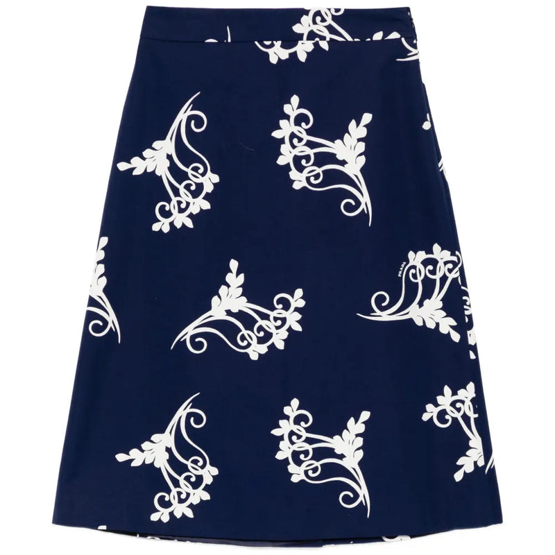 Navy Prada poplin A-line skirt with a smooth waistband and classic silhouette, displayed on a neutral background.