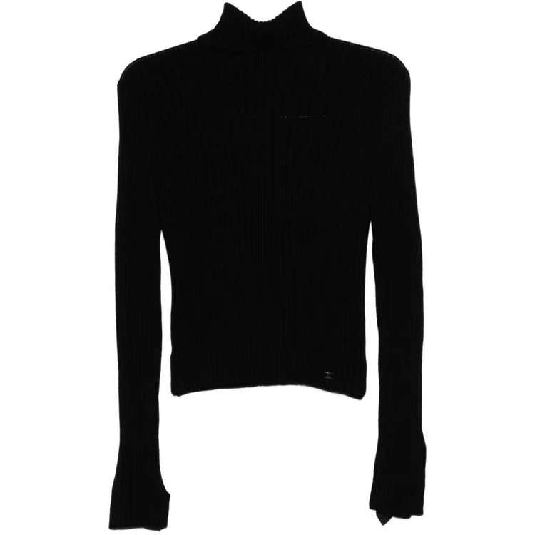 Black Ribbed  Wool Fold-Over Turtleneck Sweater - CHANEL