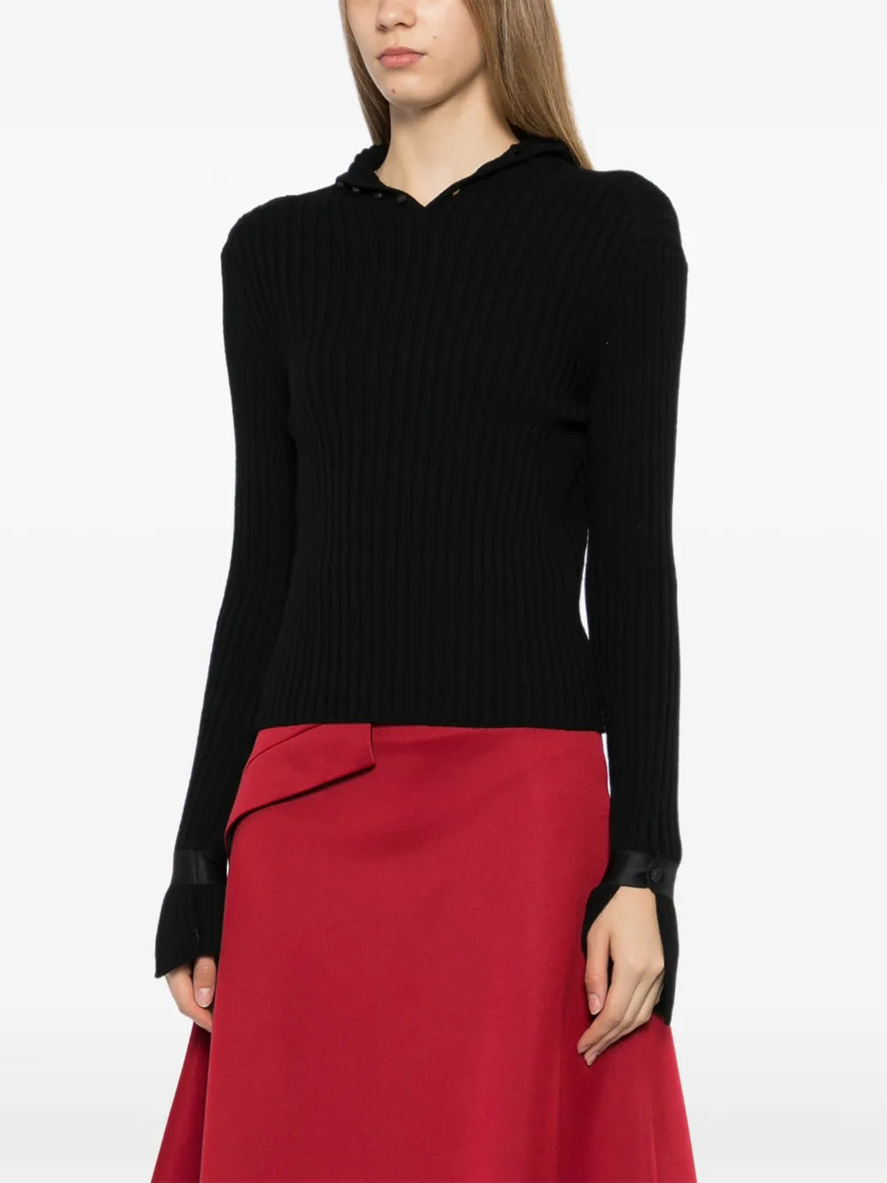 Black Ribbed  Wool Fold-Over Turtleneck Sweater - view 3