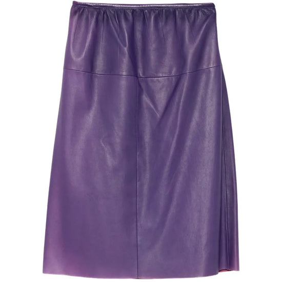 Violet Prada leather A-line skirt with sleek silhouette, displayed on a model, showcasing high-quality material and stylish design.