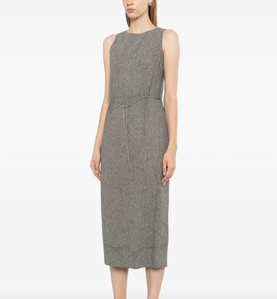 Chanel sleeveless linen maxi dress with CC chain belt, featuring a relaxed fit and elegant design, perfect for warm weather.