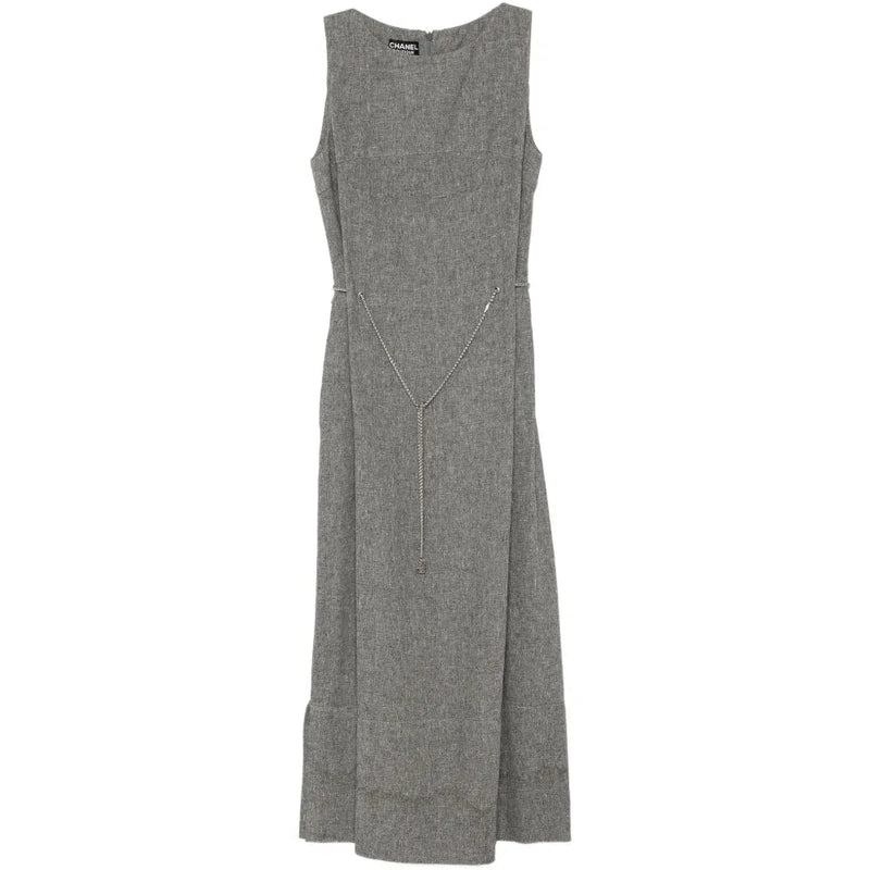 Chanel sleeveless linen maxi dress with CC chain belt, lightweight and flowy, perfect for summer wear.