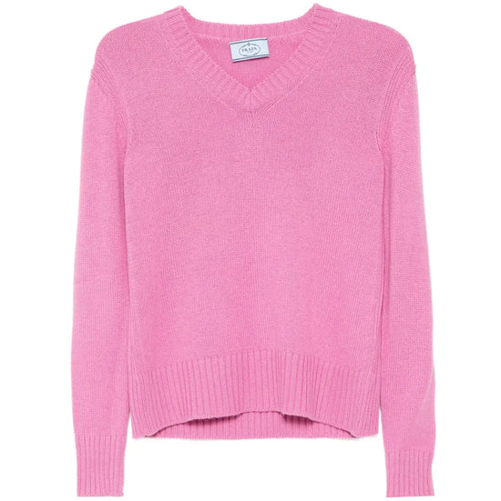 Pink Prada V-neck cashmere sweater, soft knit top with long sleeves and ribbed hem, styled on a plain background.