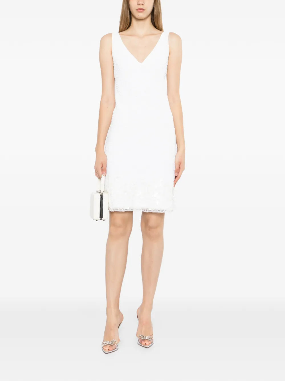 White Stretch Jacquard Sleeveless Dress - view 2