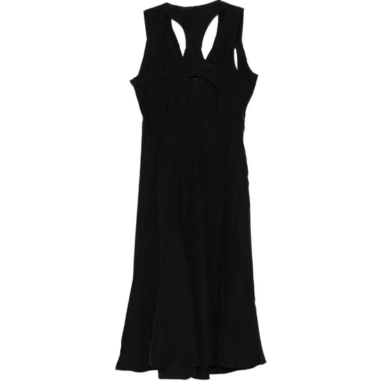 Black silk midi dress with appliqué details from Saint Laurent, showcasing elegant fabric and intricate design.