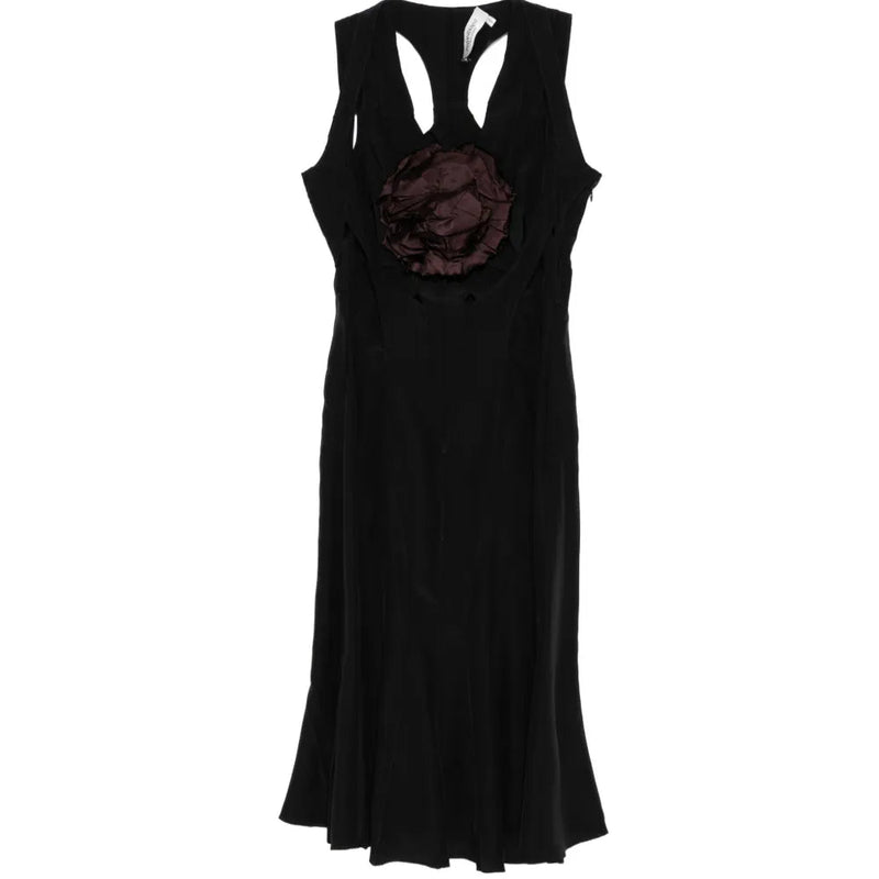 Black silk midi dress with appliqué details from Saint Laurent, featuring a fitted silhouette and elegant design.