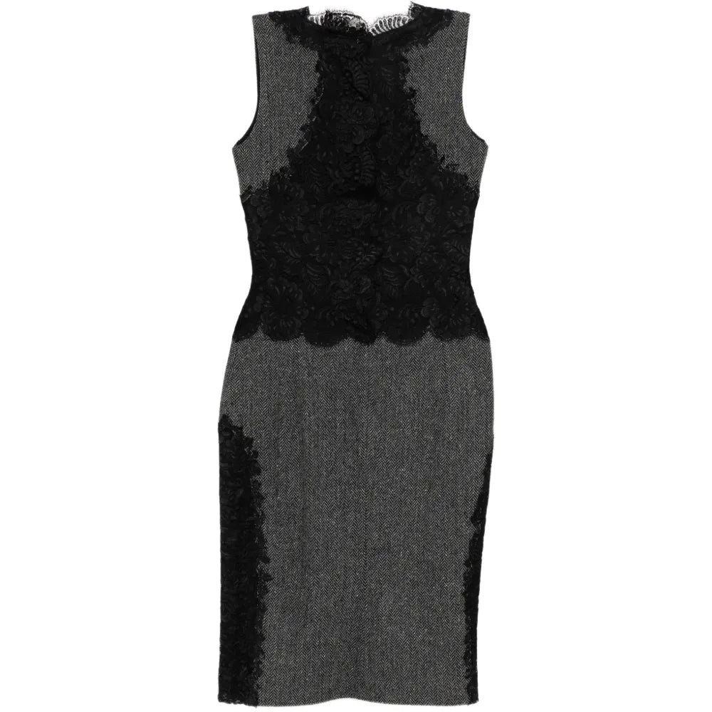 Herringbone Wool Dress with Lace - view 2