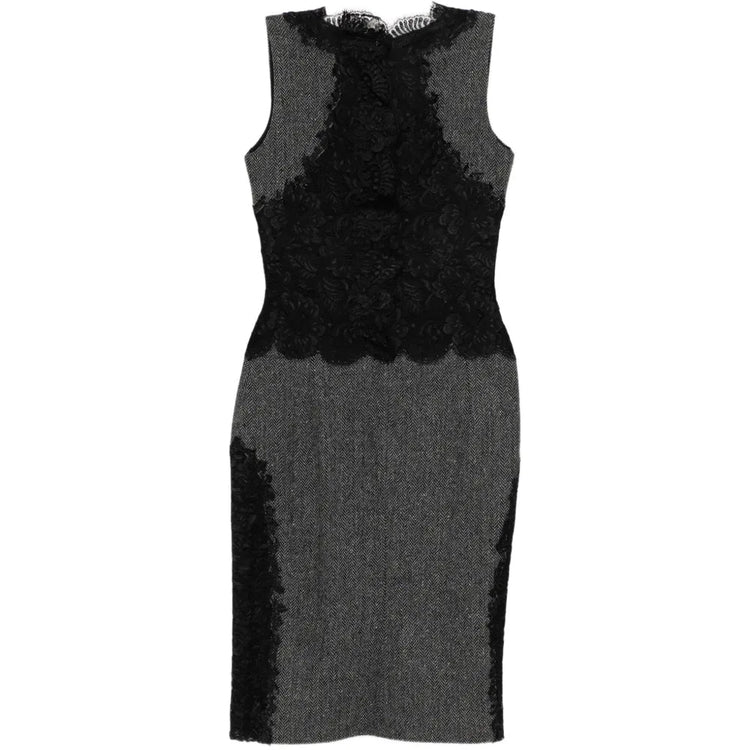 Herringbone Wool Dress with Lace - view 2