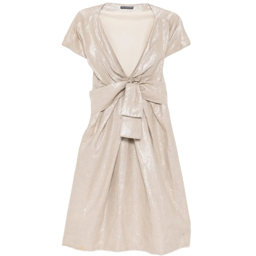 Metallic Gold Draped Linen Midi Dress - Alexander McQueen