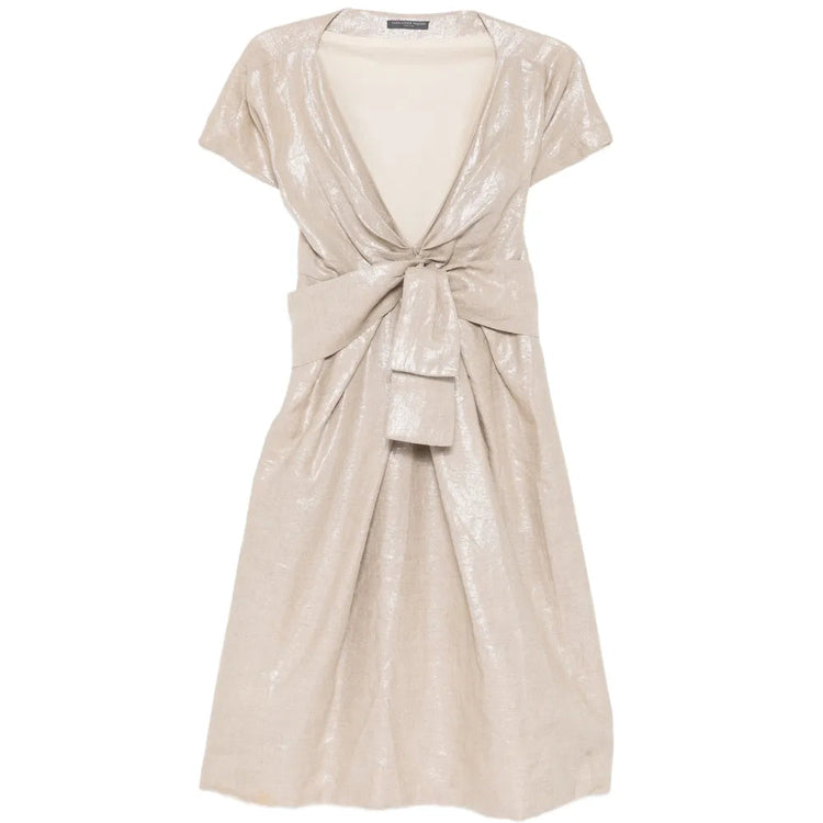 Metallic Gold Draped Linen Midi Dress - Alexander McQueen