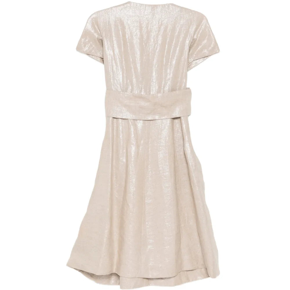Metallic Gold Draped Linen Midi Dress - view 2