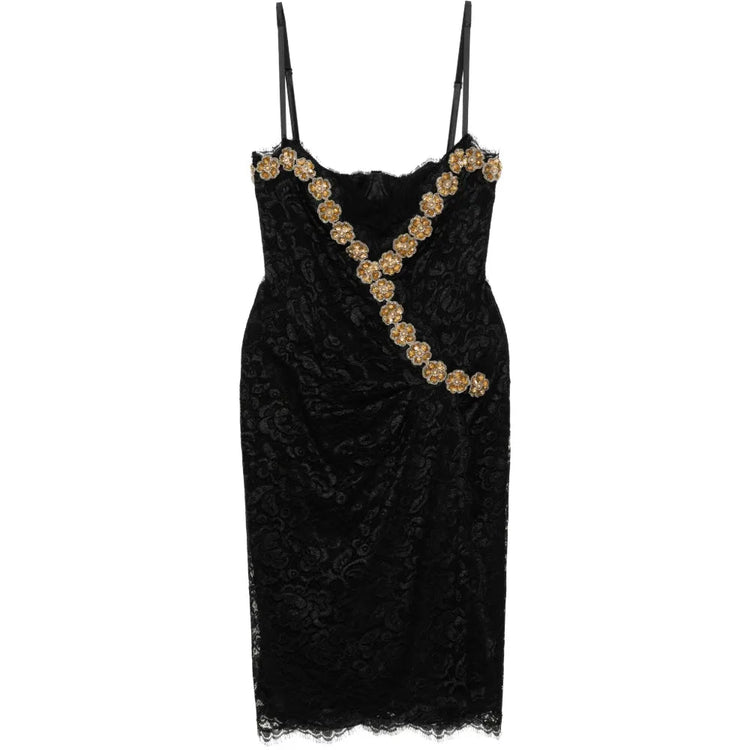 Lace Slip Dress with Floral Embellishment - Dolce & Gabbana