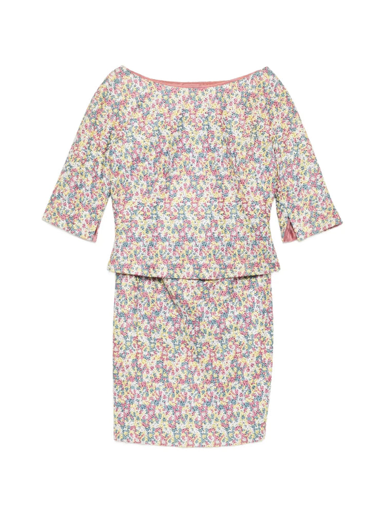 Pastel Ditsy Floral Embroidered Top & Skirt Set - Versace