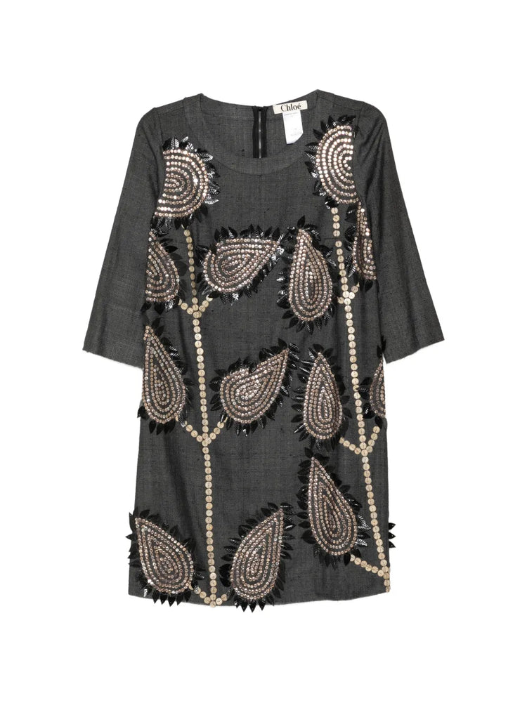 2006 Embellished Leaf Gray Silk Dress - Chloé