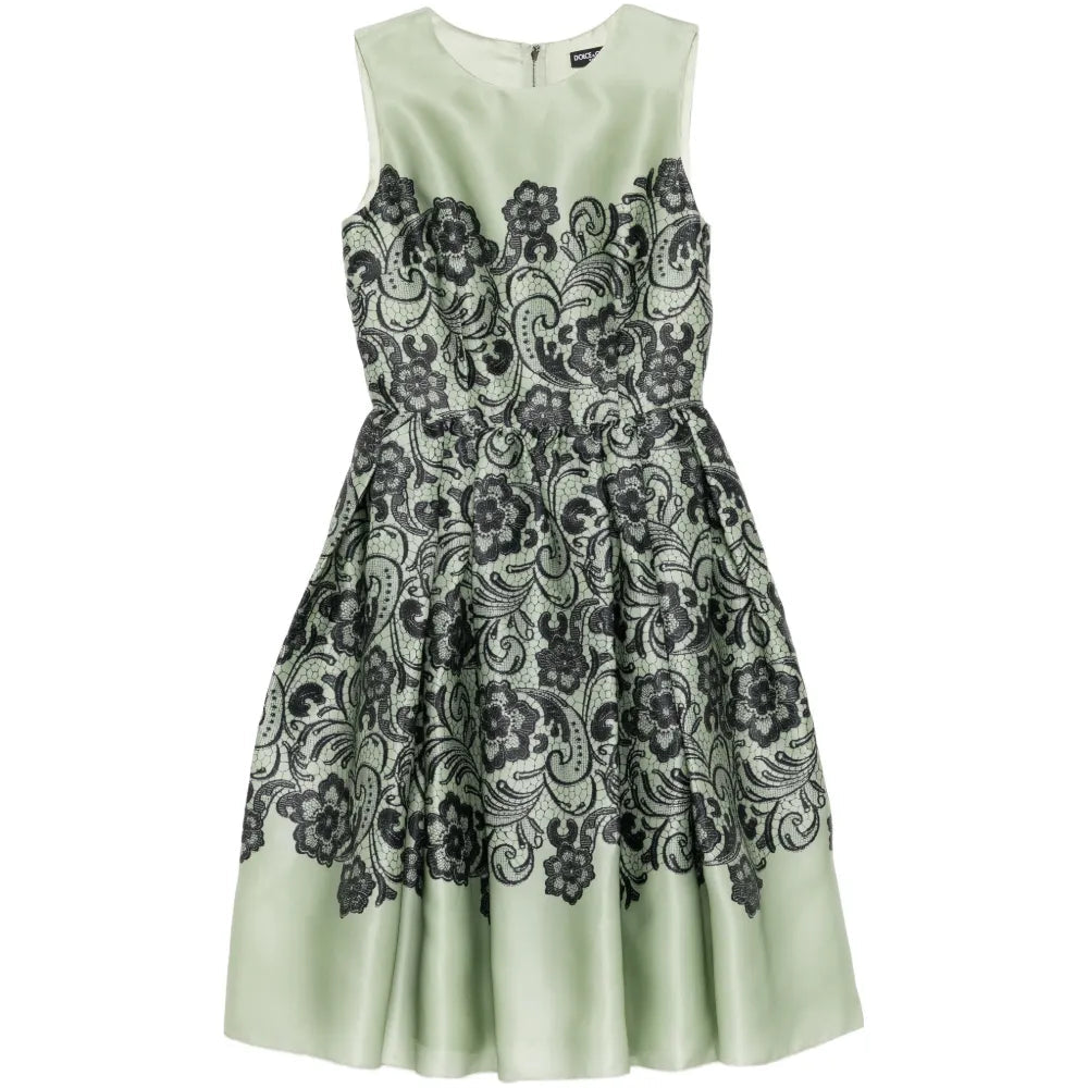 Mint Silk Floral Lace Print Dress - Dolce & Gabbana