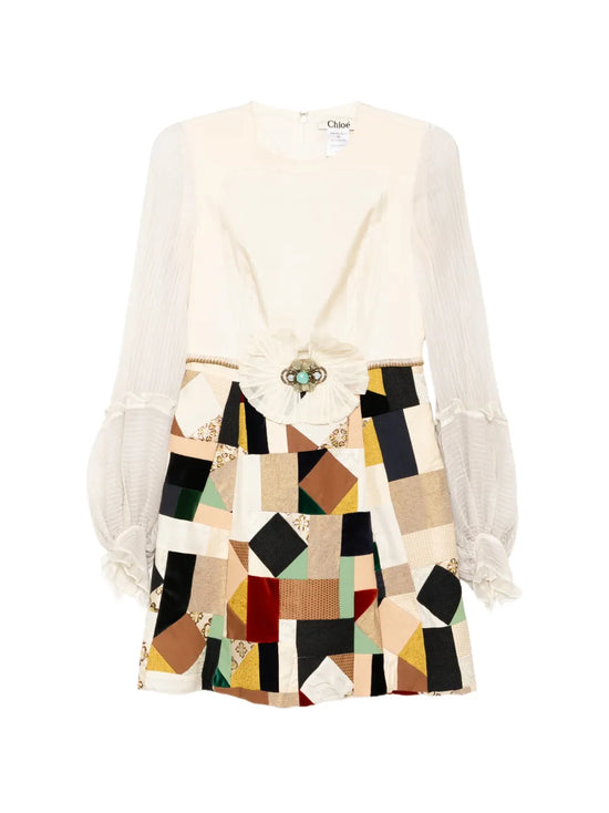Chloé patchwork ruffled chiffon sleeve midi dress with layered details and elegant design, perfect for special occasions.