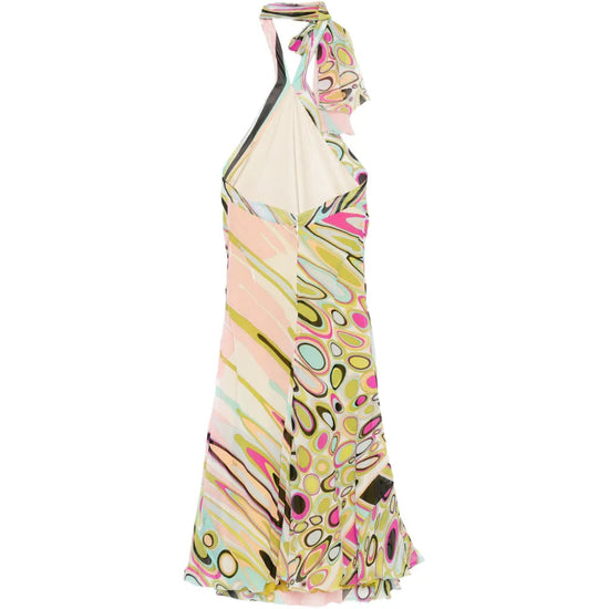 Emilio Pucci abstract print halter neck dress with vibrant colors and flowing fabric, displayed on a mannequin.
