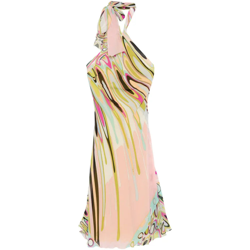 Emilio Pucci abstract print halter neck dress with vibrant patterns and flowing fabric, perfect for elegant occasions.