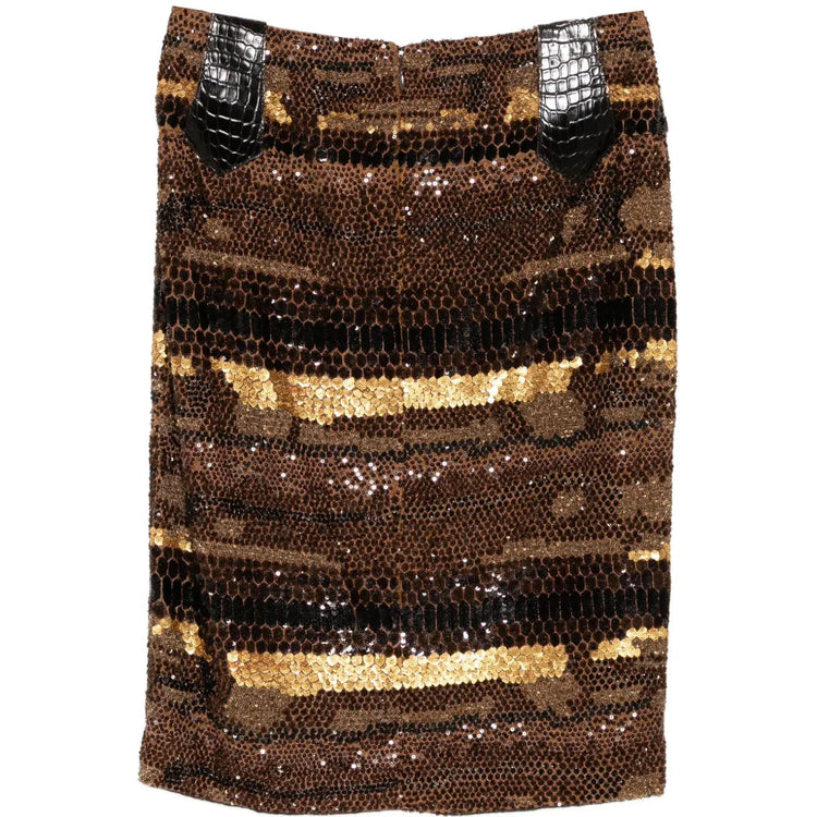 Sequin Silk Skirt with Leather Slit - view 2