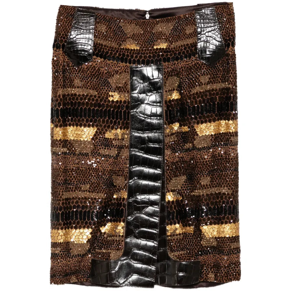Sequin Silk Skirt with Leather Slit - Dolce & Gabbana