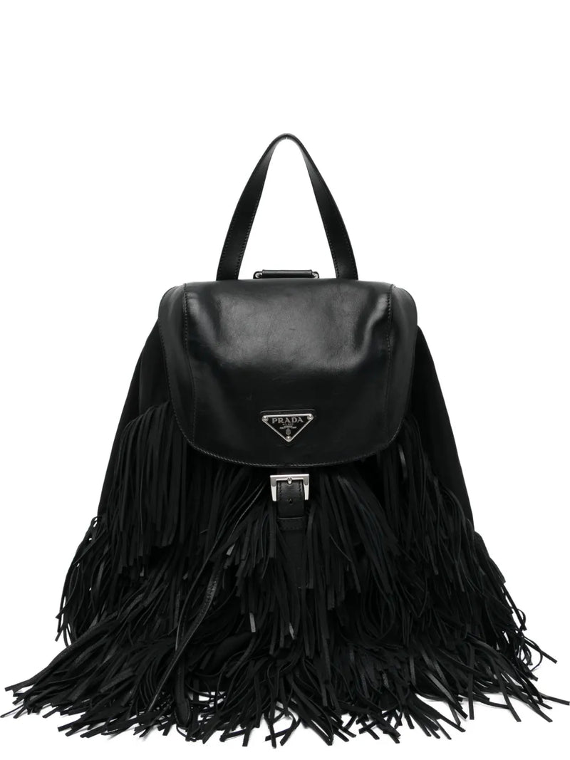 Prada Fringe Backpack handbag in black with tassel fringe details and adjustable straps, stylish and spacious for daily use.