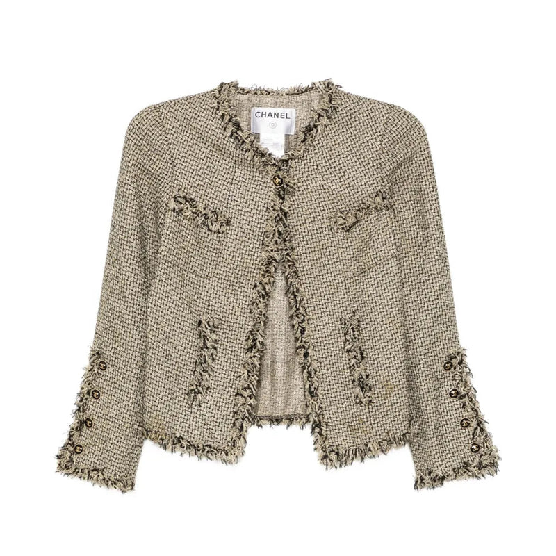 Chanel 2007 black and gold tweed blazer jacket with classic tailored fit and elegant gold accents, stylish and sophisticated.