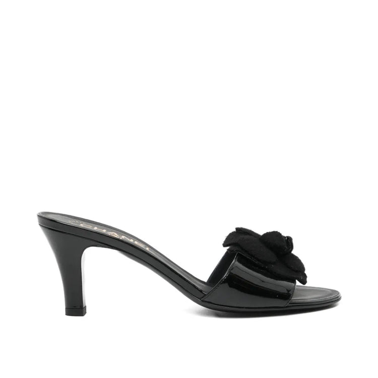 Black Camellia Slide Sandals - CHANEL