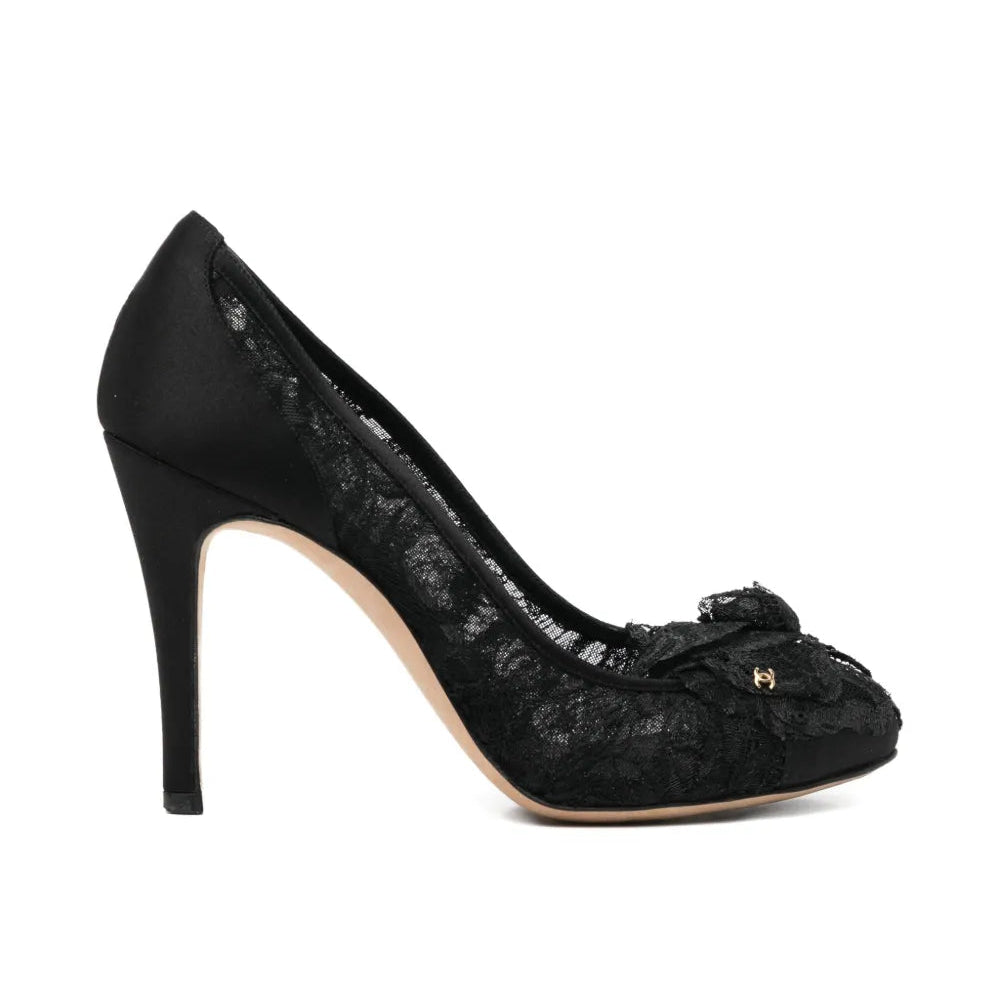 Black Lace Camellia Pumps - CHANEL