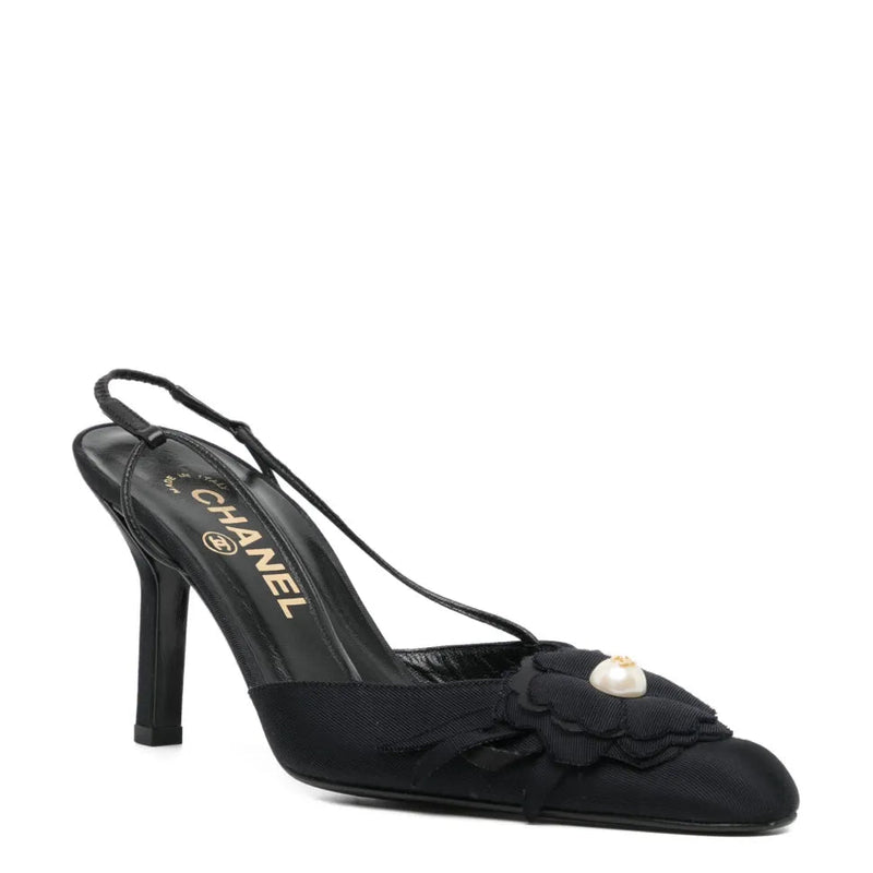 Black Slingback Camellia Heels