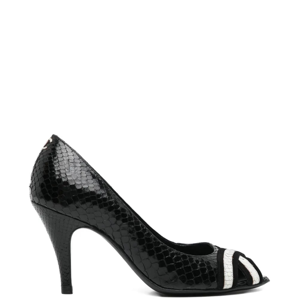 Black & White Textured Peep-Toe Heels - CHANEL