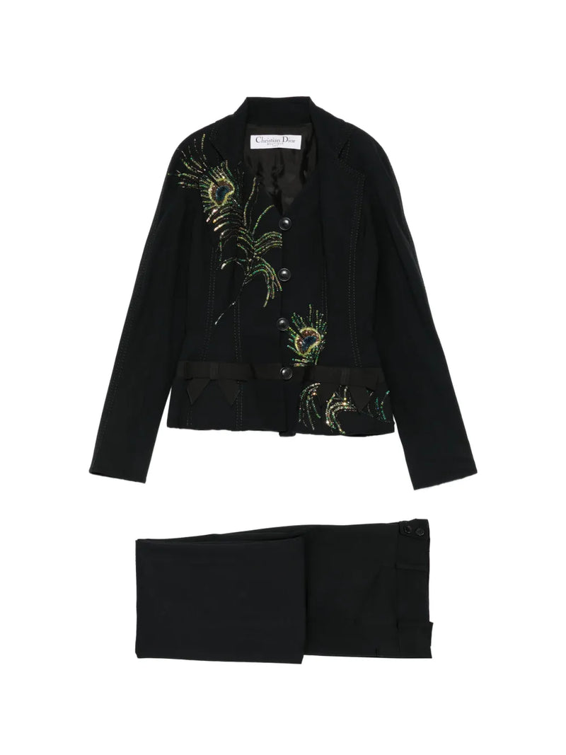 Dior peacock tailored suit set featuring a stylish blazer with intricate peacock feather-inspired design and elegant fit.