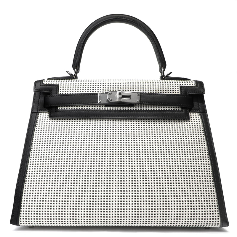 Kelly 28 Quadrille Sellier Black Swift and Ecru Toile PHW